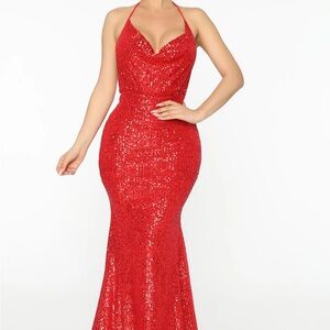 Fashion Nova Red Sequin Halter Gown